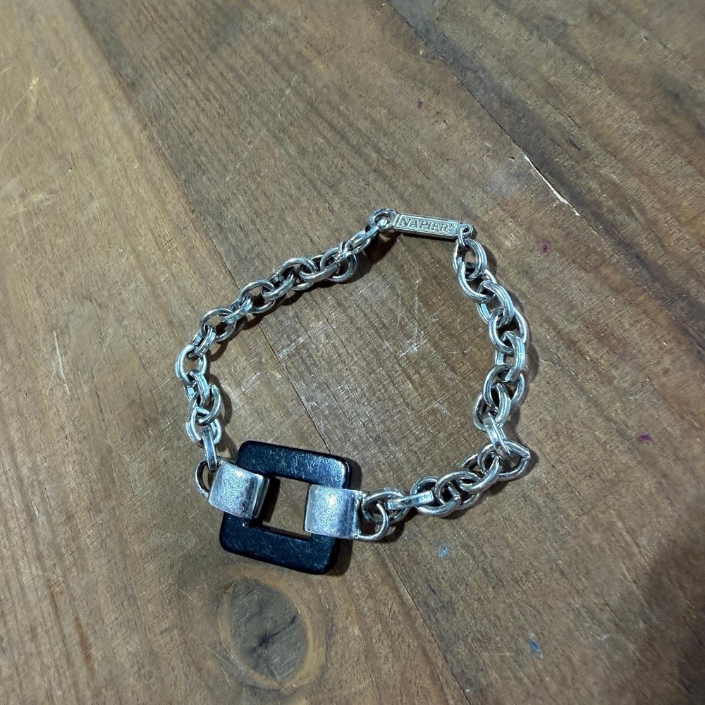 Vintage Napier Silver Tone Black Lucite Link Chain Bracelet Modernist 90s